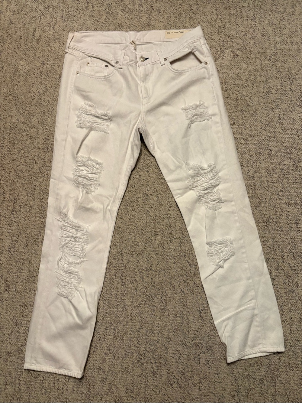 RAG & BONE Mid-Rise White Distressed Straight Leg Jeans